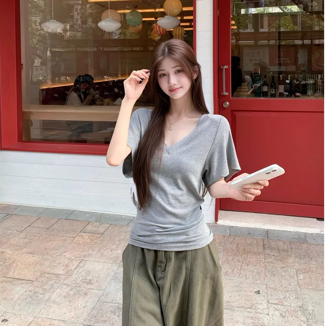 纯欲风v领白色短袖T恤女2025夏季半袖女款爆款网红显瘦百搭上衣