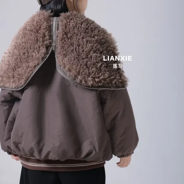 男女童时尚秋冬B类欧美风翻领连帽棉服加绒加厚款