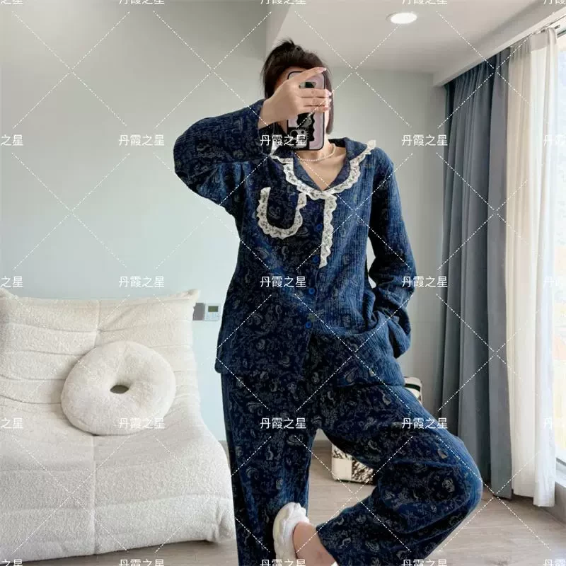 蕾丝花边纯棉纱印花睡衣女士春秋季2025年新款薄款长袖家居服套装