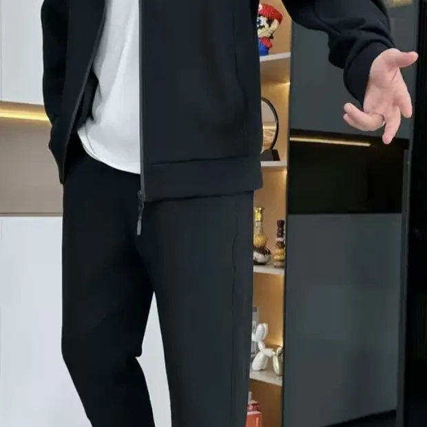 不起球简约常规时尚立领印花休闲运动套装男款加绒秋冬针织长裤