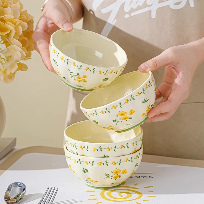 【春意萌4.5寸碗4只装】清新创意米饭碗陶瓷釉下彩餐具好看的饭碗