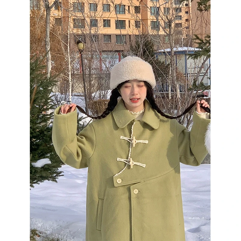 霍里德地图毛呢外套女2024年新品秋季长款不对称宽松牛角扣大衣