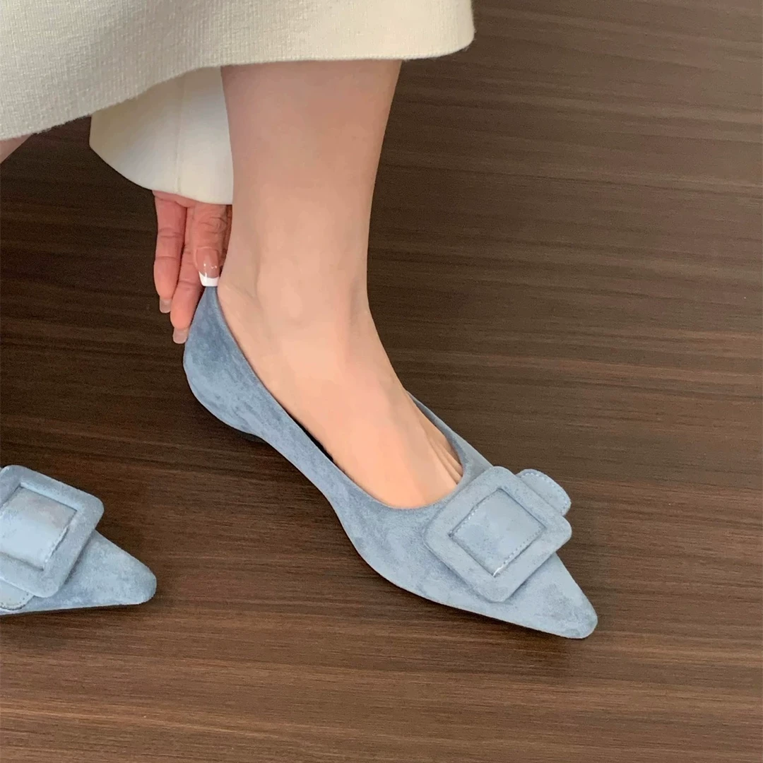 内增高法式尖头绒面单鞋女鞋子2025新款春季蓝色气质配裙子晚晚鞋