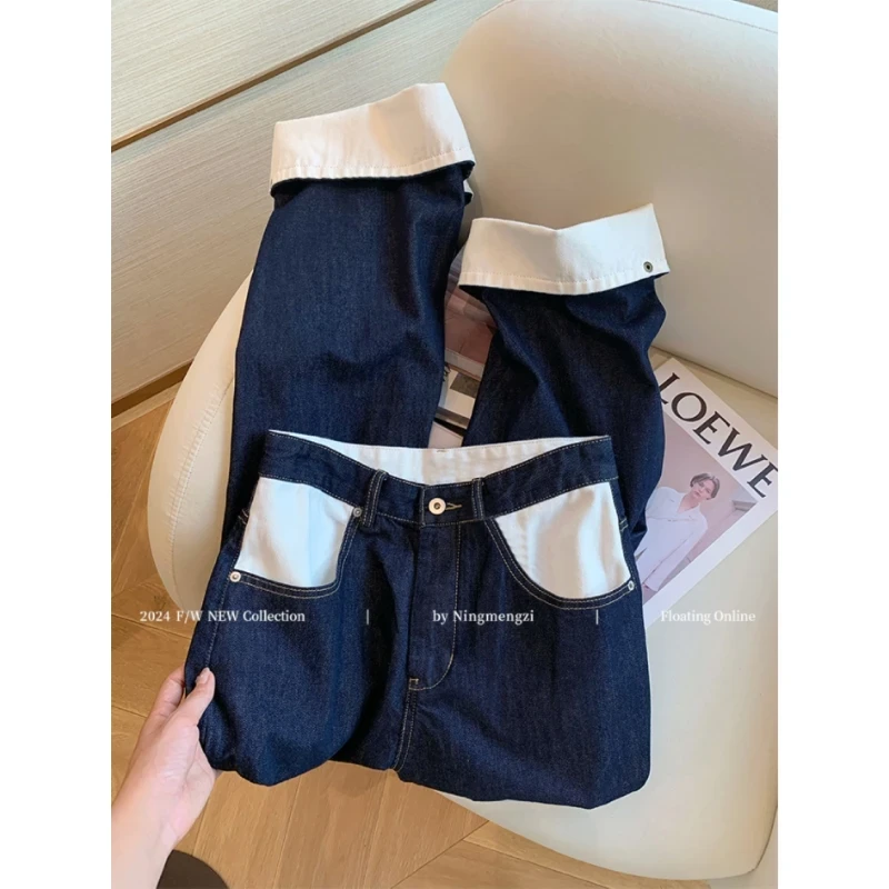 美式复古撞色翻边阔腿牛仔裤女2025夏季新款设计感宽松显瘦直筒裤