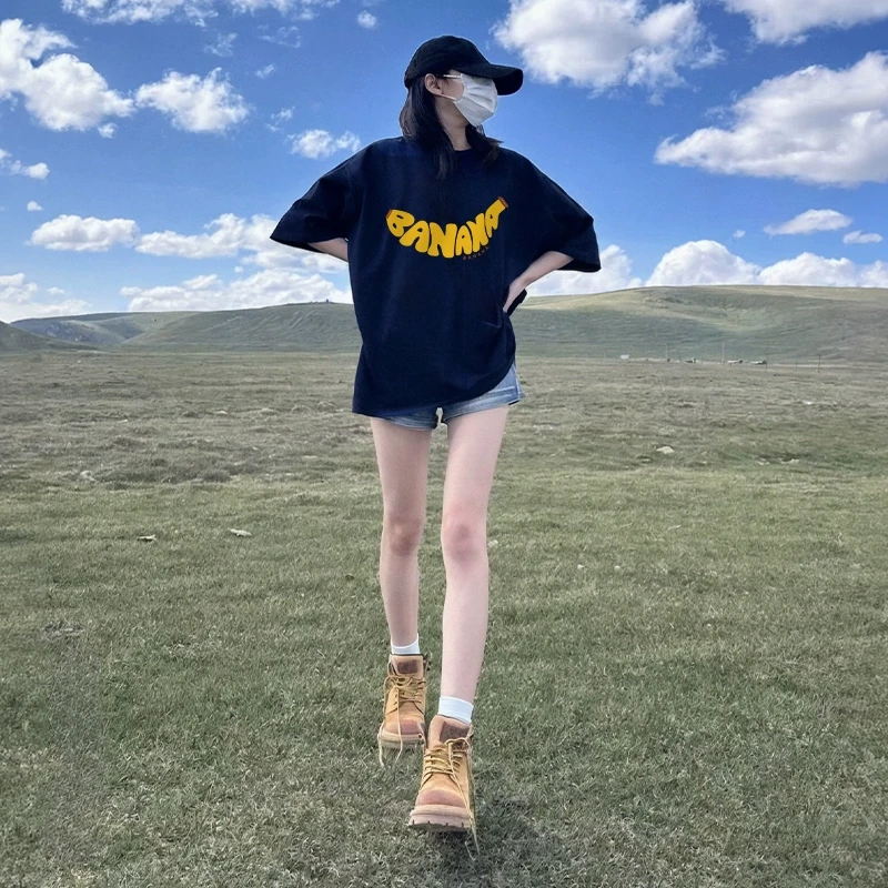 藏蓝色全棉t恤女短袖夏季2025新款宽松上衣设计感正肩半袖上衣潮