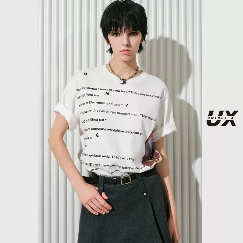 2024冬季新款 白色满印磨毛T恤女 时尚气质上衣 通勤百搭