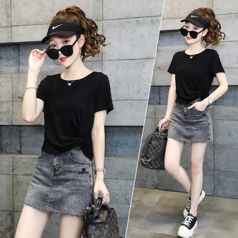 白色短袖T恤女装2025夏季新款短款修身不规则褶皱体恤设计感上衣