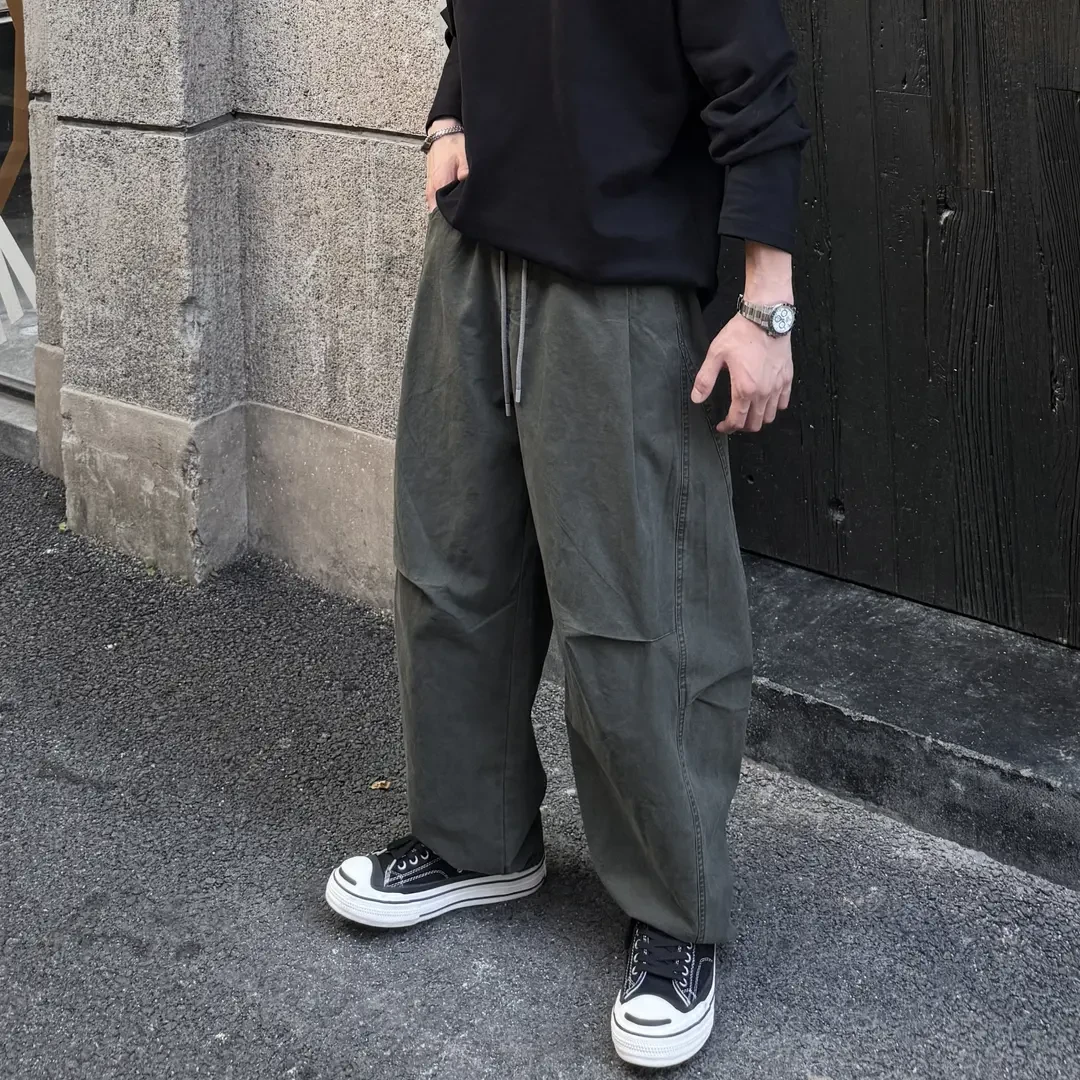 秋季宽松ins水洗直筒港风百搭工装弯刀裁剪男士休闲裤
