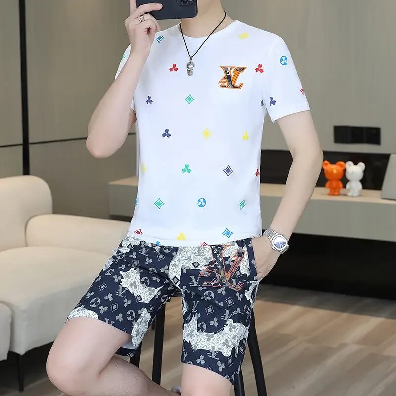 男士夏季时尚套装休闲潮流个性印花帅气薄款修身半袖T恤短裤套装