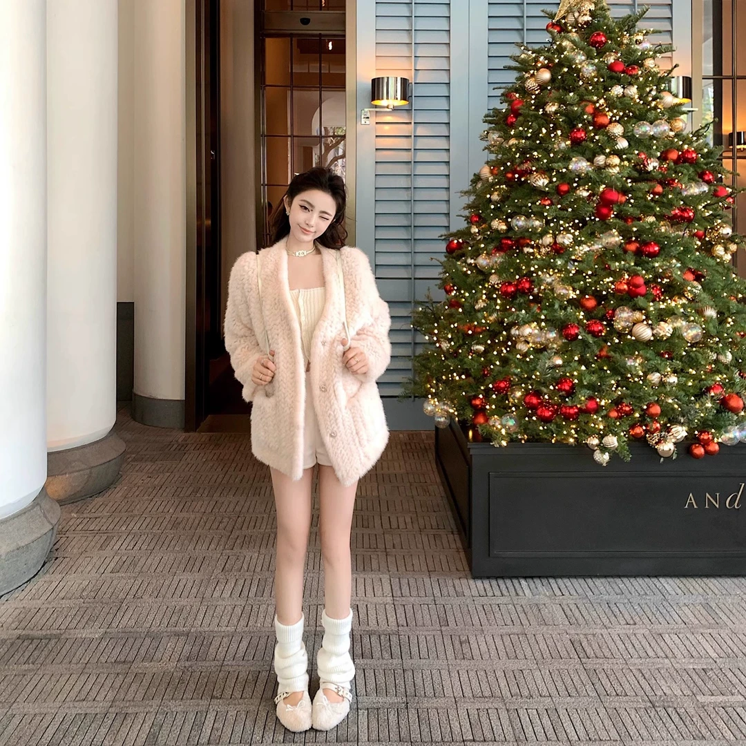 "千金微醺貂"哥本哈根进口水貂毛 粉色嗲嗲千金麦穗编织毛呢外套