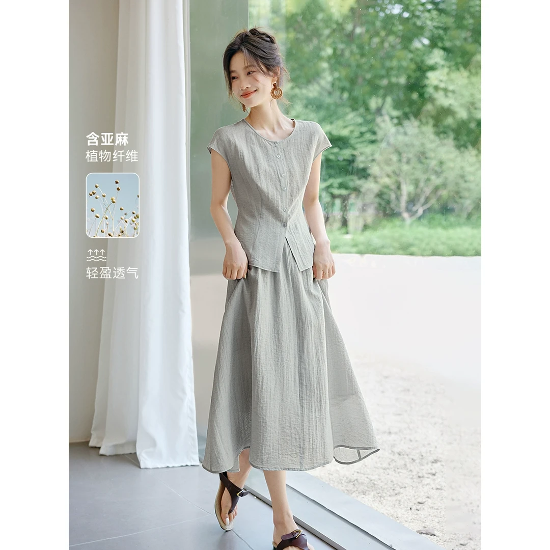 松弛显瘦无袖上衣半身裙两件套2025夏新款时尚亚麻套装女