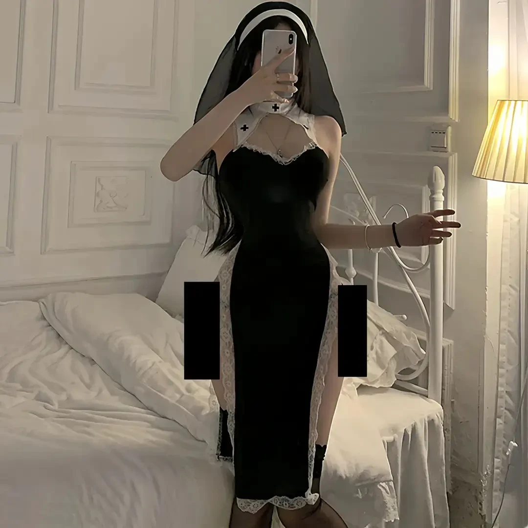 清纯蕾丝性感复古高开叉旗袍纯欲风惩罚修女制服套装显瘦气质辣妹
