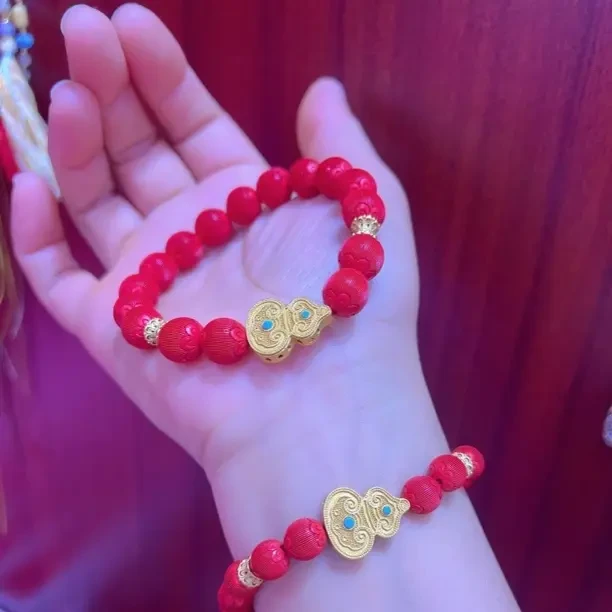 天然辰砂遇福禄朱砂阁新年（丝绒灯笼珠）红砂葫芦宫廷风国风手链