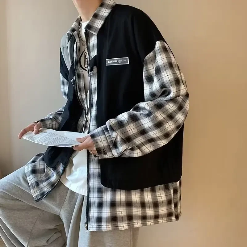 男士假两件衬衫长袖春秋潮流宽松日系设计感小众格子百搭拼接BQ