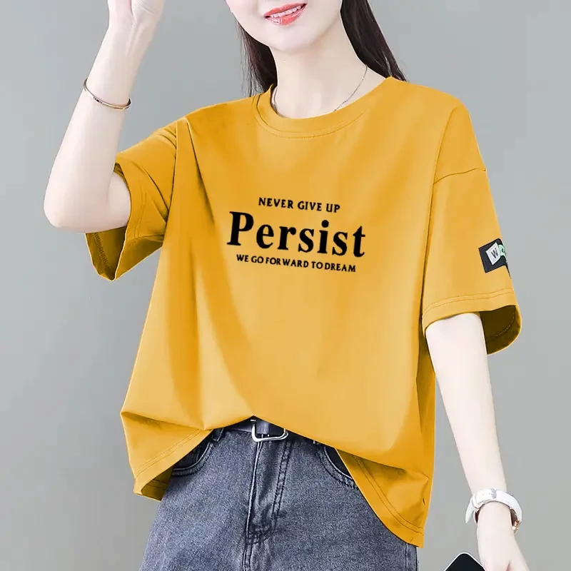 100%纯棉短袖t恤女2025夏季新款韩版时尚百搭印花宽松显瘦上衣ins