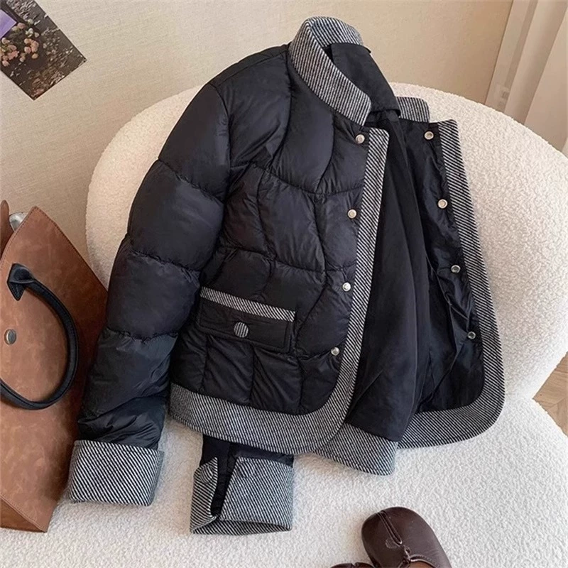 高级感拼接短款加厚棉服女冬季大码胖mm气质减龄百搭保暖棉衣外套