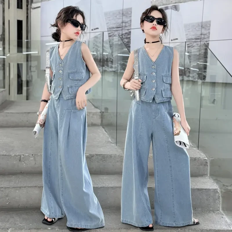 女童夏季牛仔套装2025新款中大儿童洋气时尚薄款牛仔背心阔腿裤潮