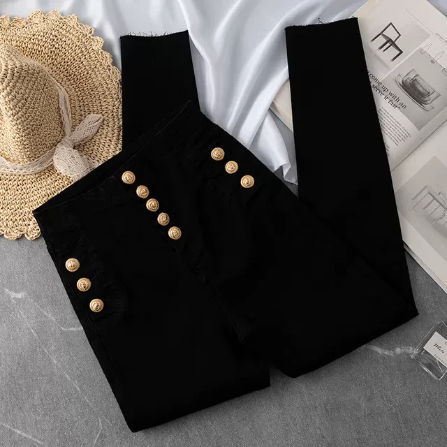 超高腰小脚牛仔裤女薄款夏季2025年新款黑色排扣显瘦紧身铅笔裤子