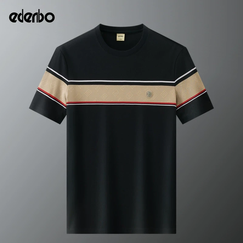 【商场同款】爱登堡短袖t恤男士2025新款夏季撞色休闲圆领条纹体恤