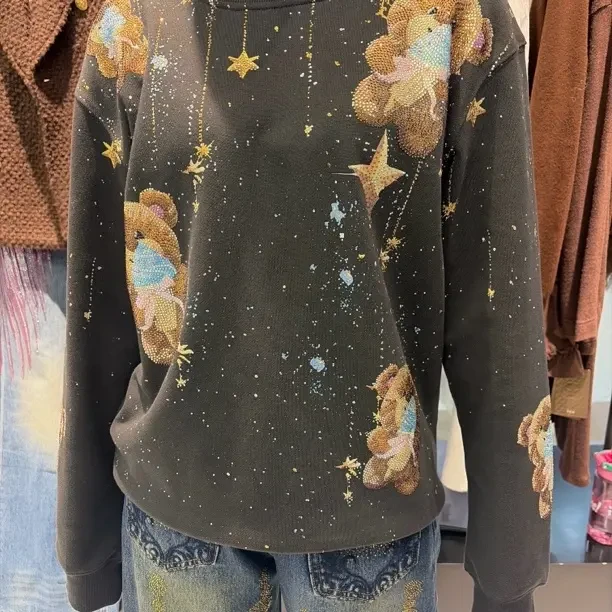 纯色字母女圆领刺绣数字烫钻卫衣宽松重工休闲毛衫