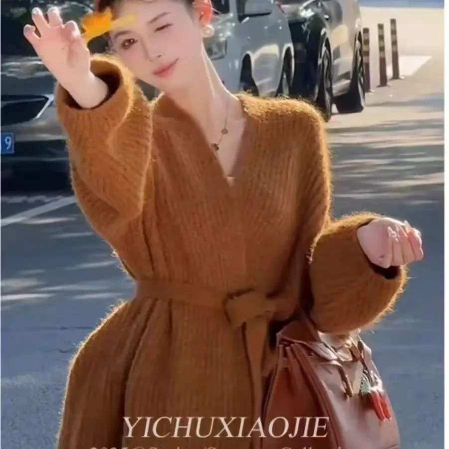 美拉德风穿搭焦糖色温柔软糯毛衣外套秋季慵懒宽松针织开衫上衣女