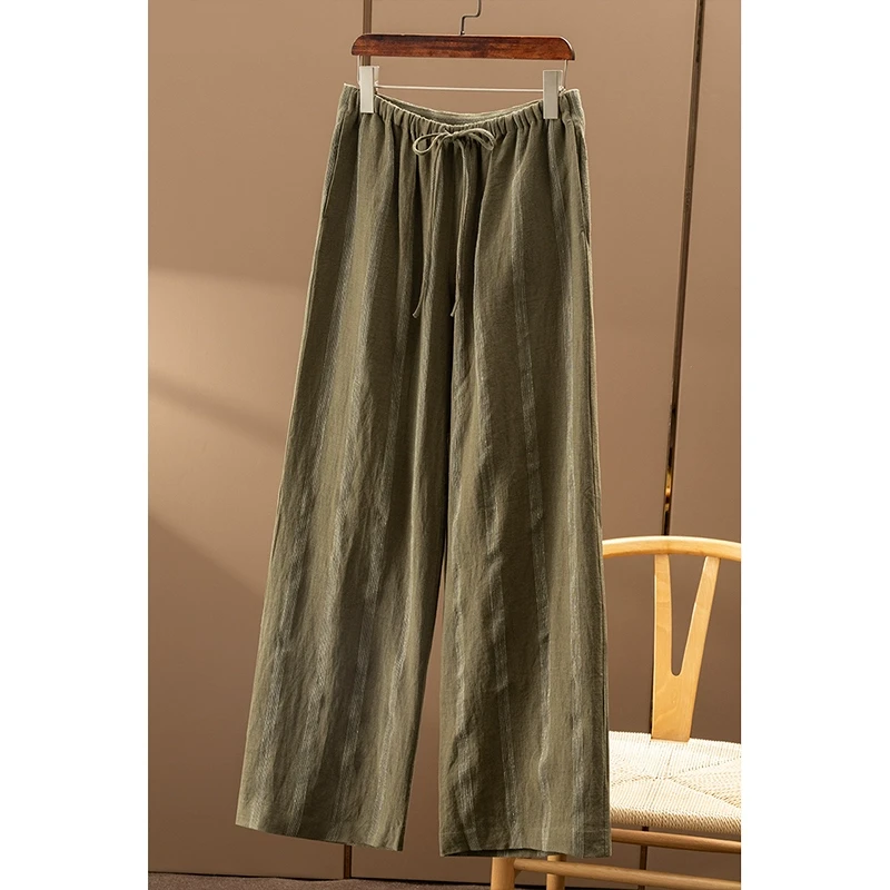 春天家 法G高定感欧标亚麻色织条纹松紧腰阔腿直筒裤女13A8