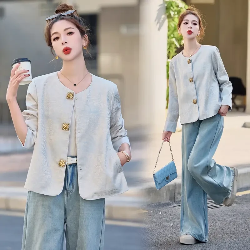 新中式国风提花外套女2025年春季新款高级感气质圆领宽松短款上衣