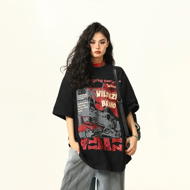 野生阿子2025夏季新款原创美式复古短袖T恤男女小众印花潮牌体恤