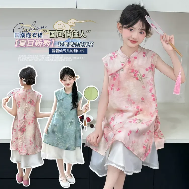 女童新中式旗袍夏季爆款中大童无袖古风连衣裙儿童国风裙子亲子装