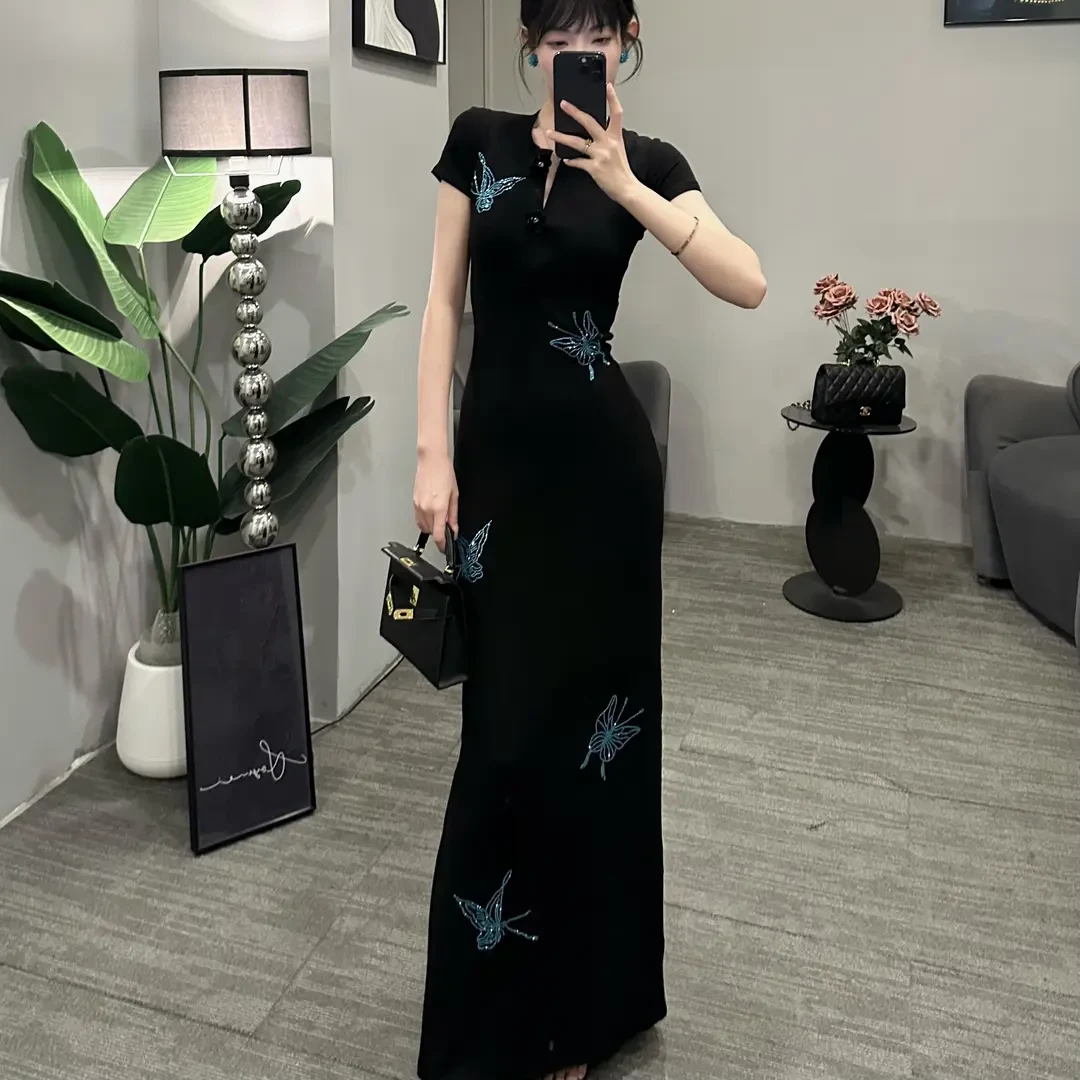 修身收腰包臀长裙子2025年夏季性感气质名媛蝴蝶亮片短袖连衣裙女