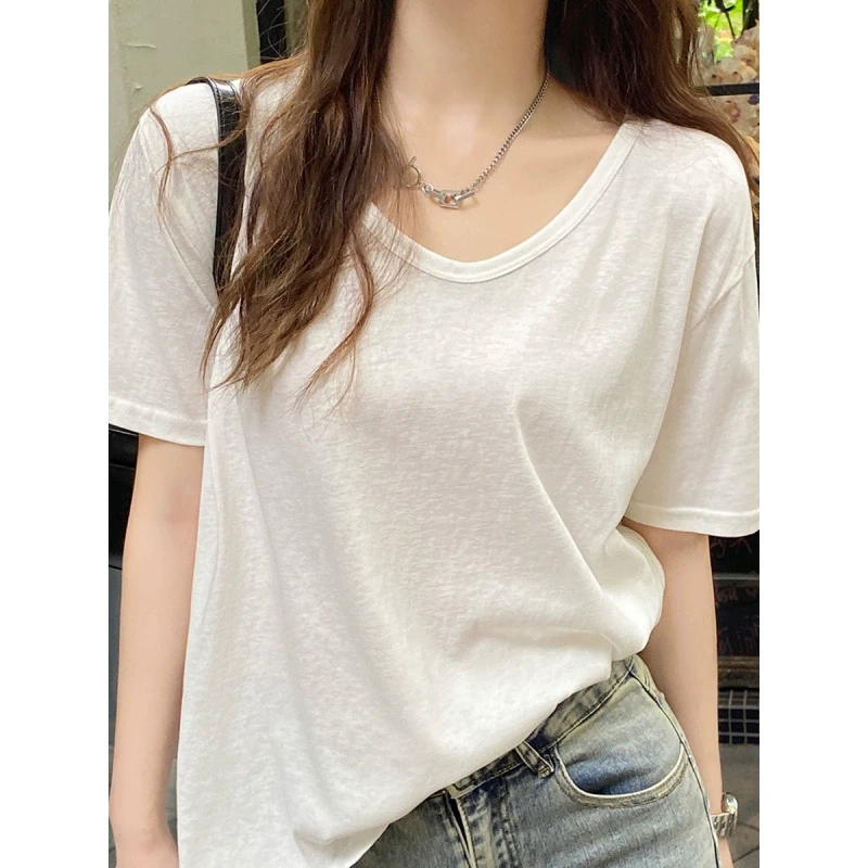 白色露锁骨韩系小清新短袖t恤女2025夏季宽松弛感显瘦半袖上衣ins