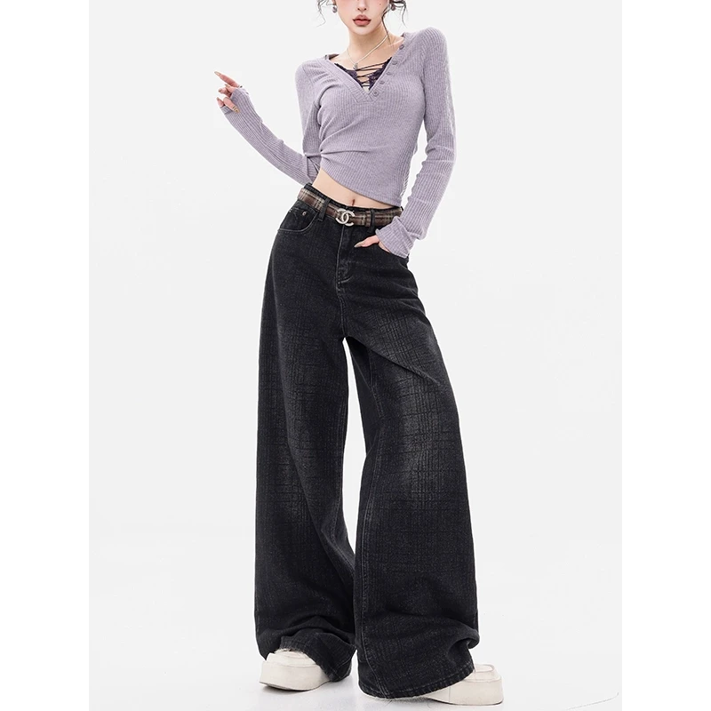 ABWEAR 古着商店-原创黑色阔腿牛仔裤女高腰烟管裤宽松直筒裤裤子