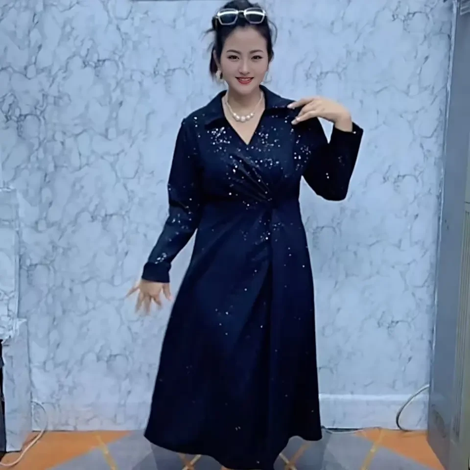 常规长袖中长裙常规款成人复古港风法式大码连衣裙