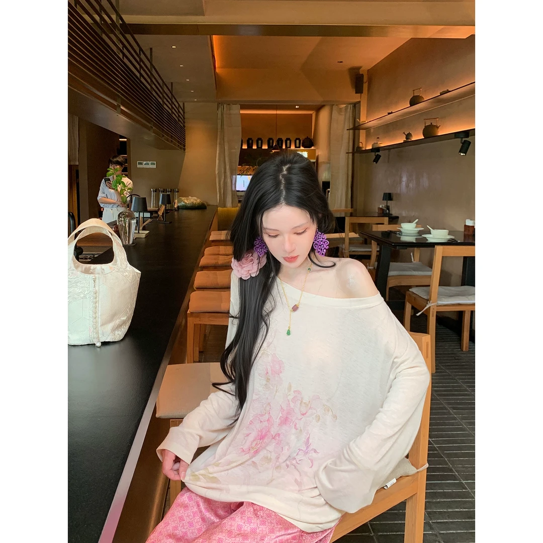 MOSS STUDIO【兰心若素】国风新中式夏季圆领天丝印花长袖T恤女