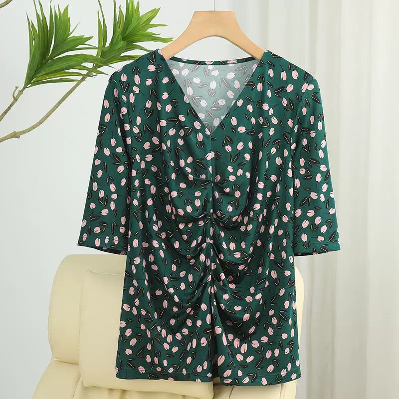 新品真丝桑蚕丝T恤女士印花五分袖新款V领打皱显瘦针织上衣M6114