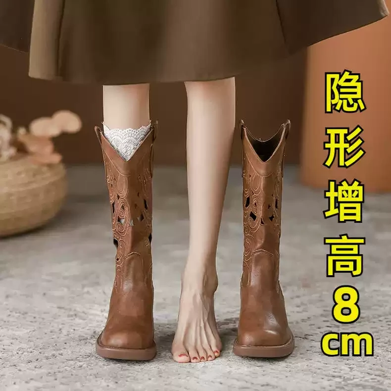 真皮镂空刺绣西部牛仔靴女2025新款复古风沙漠夏季靴子棕色中筒靴