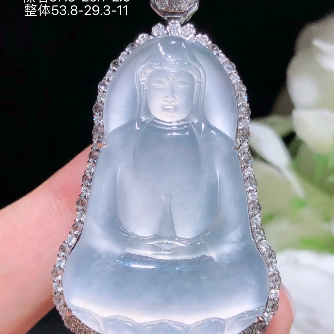 天然缅甸翡翠A货玻璃种观音吊坠18k金镶钻