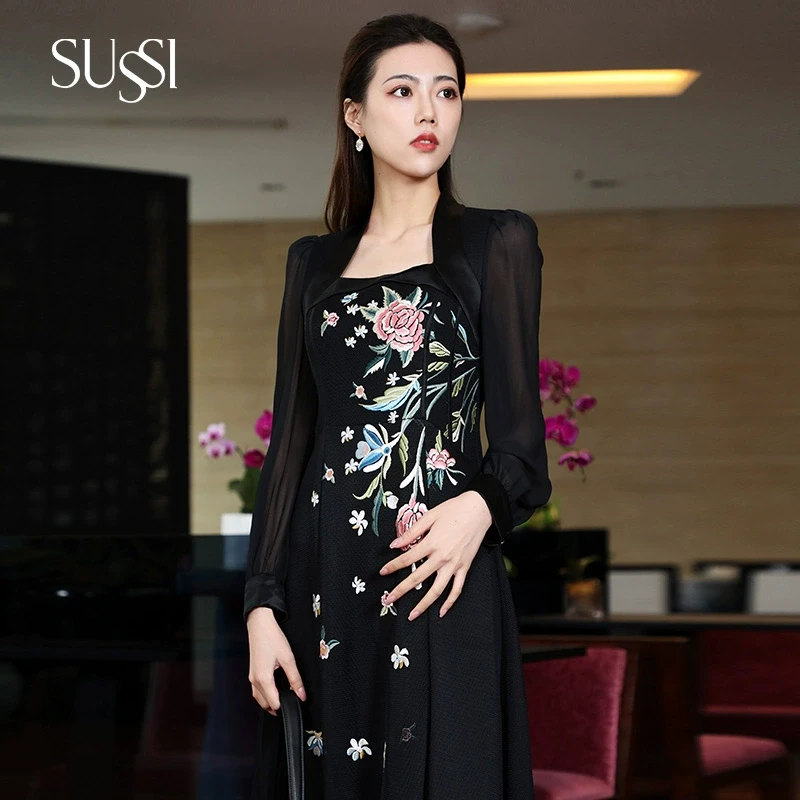 SUSSI/古色春商场同款黑色刺绣皇后领网纱长袖中长款连衣裙女出游