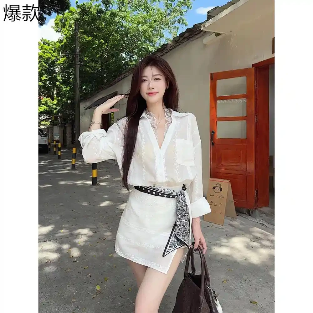 蕾丝拼接薄款长袖衬衫不规则包臀半身短法式重工女士衬衫短裙套装
