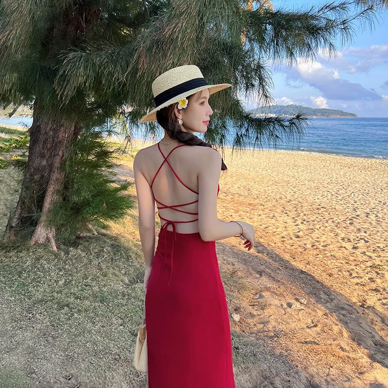 林关关 海边度假沙滩裙红色性感露背吊带连衣裙1867