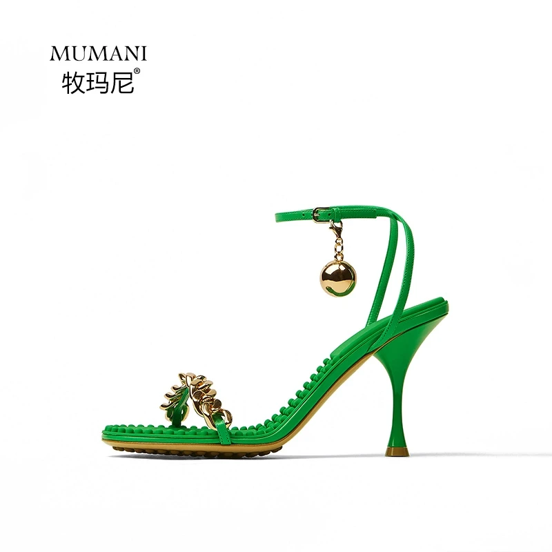 Y238高跟凉鞋女细跟真皮夏季绿色一字带链条搭扣女鞋L1006