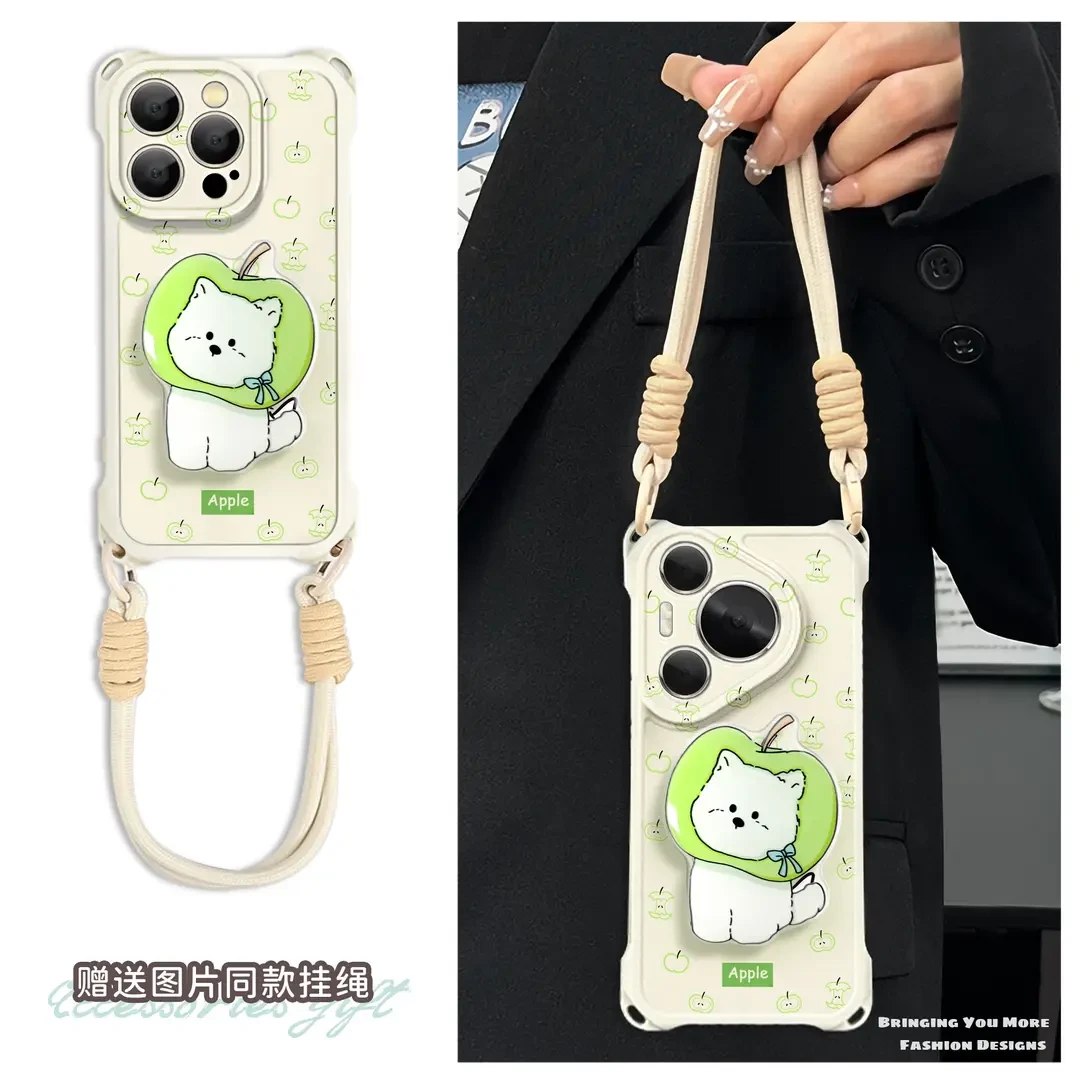 适用于苹果16华为OPPO小米VIVO高级感潮流四角挂绳手机壳YA0134