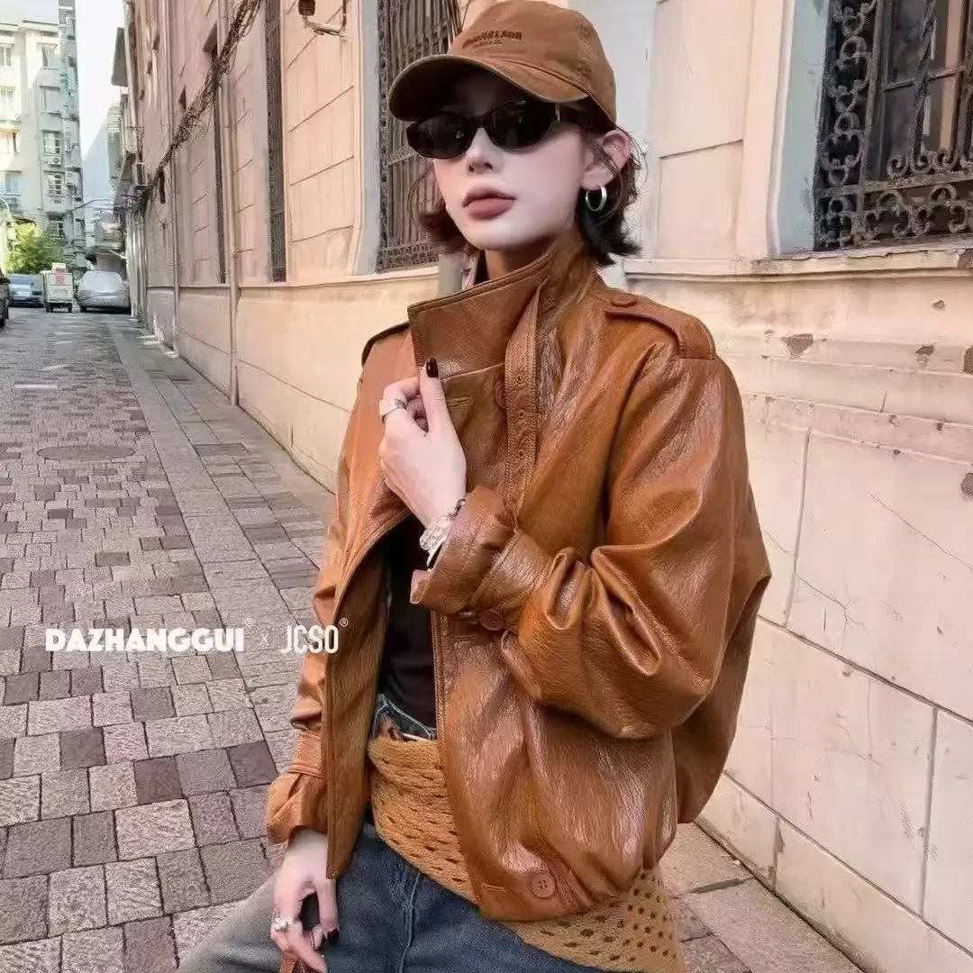 机车皮衣外套女秋季韩版立领油蜡皮宽松显瘦百搭休闲夹克上衣