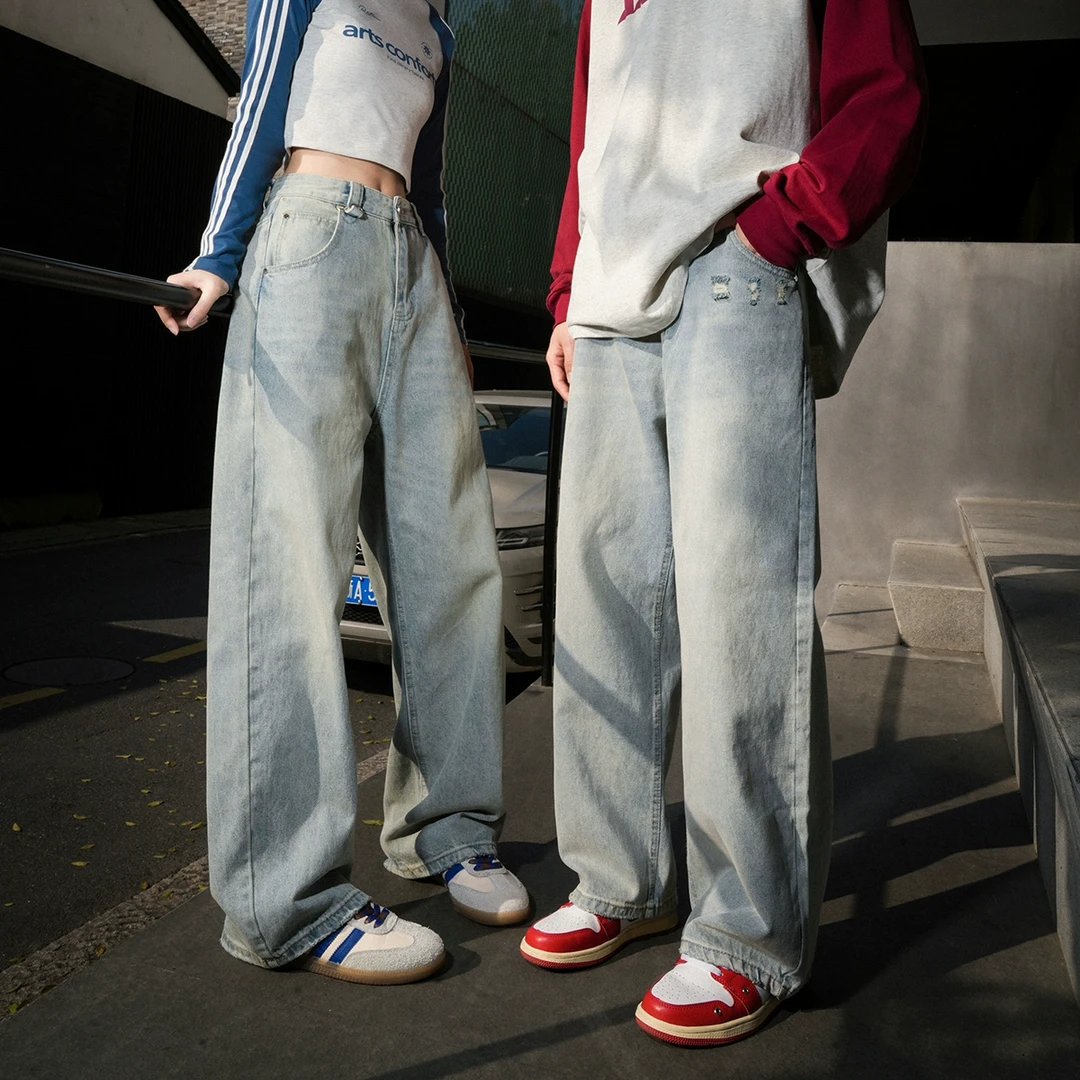 lemanism潮牌复古水洗浅蓝色破洞牛仔裤男2025春季情侣直筒休闲裤