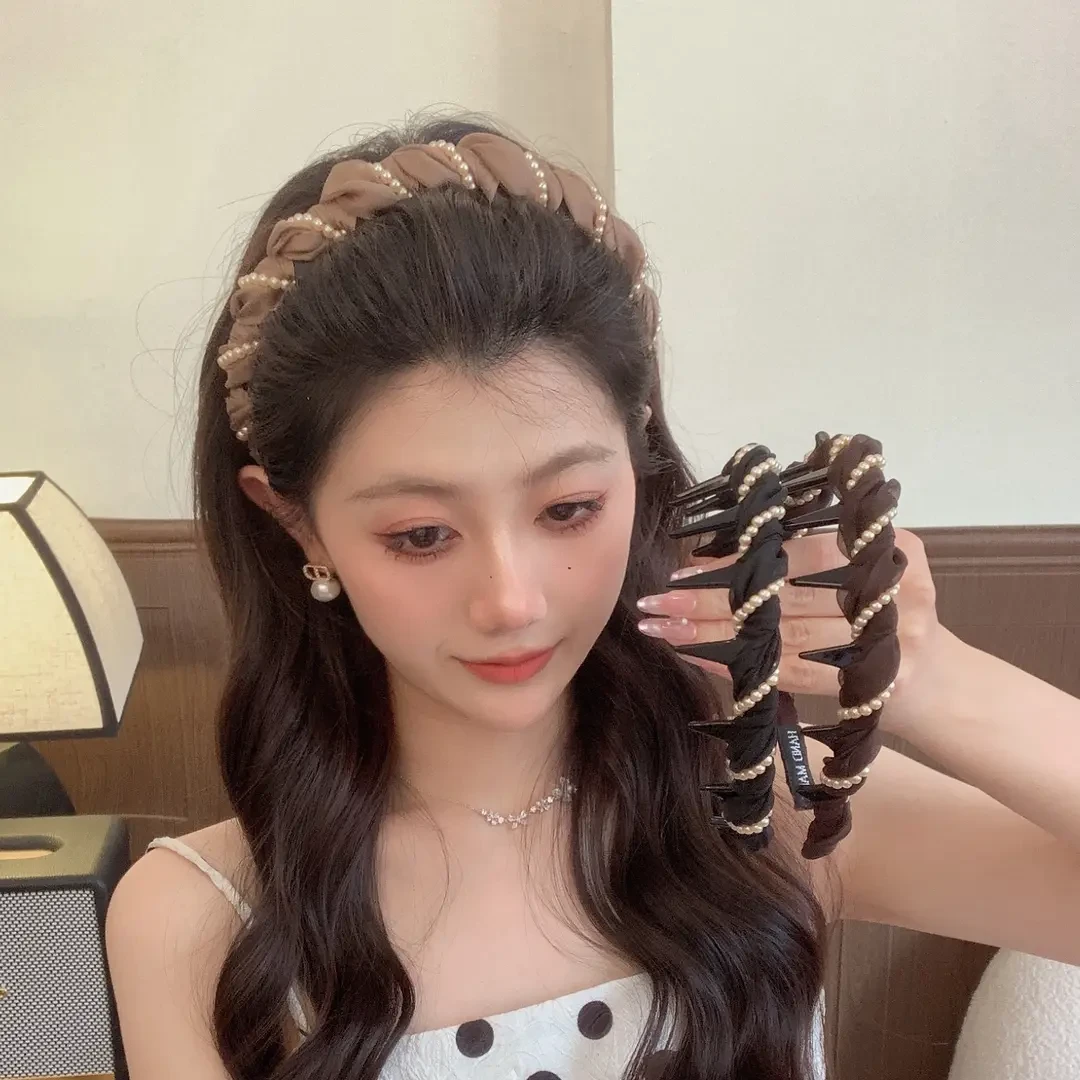 仙气珠珠齿梳发箍飘带绑发一体丝巾发带编发头箍女蓬松高颅顶发卡