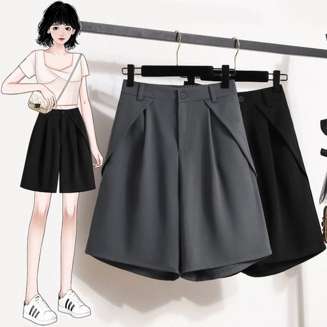 夏季女装批新款发大码休闲宽松设计感中裤高腰阔腿西装五分短裤潮