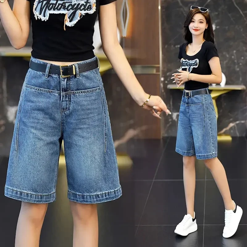 2025年夏季新款休闲风高腰显瘦a字阔腿复古蓝五分薄款牛仔短裤女