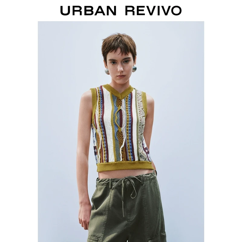 UR2025秋季新款女装复古多彩撞色肌理感无袖针织衫UYL950027