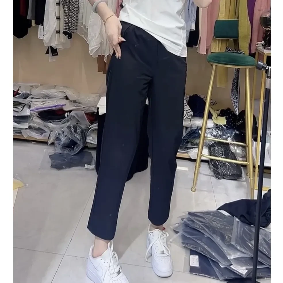 2025夏季新款美式舒适百搭休闲裤女小众高腰速干九分弹力直筒裤子