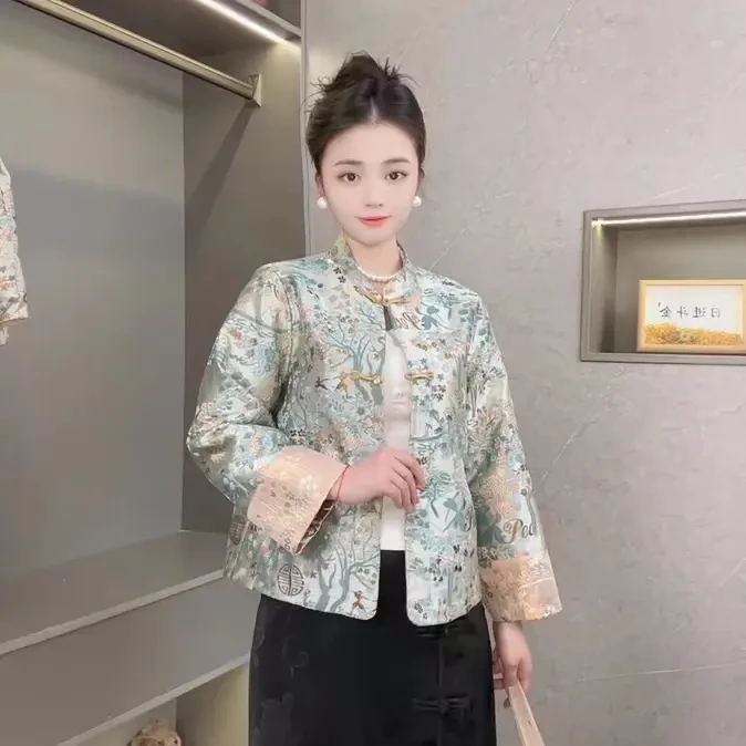 女常规袖新中式薄款直下摆短外套上衣外套珠片性感风